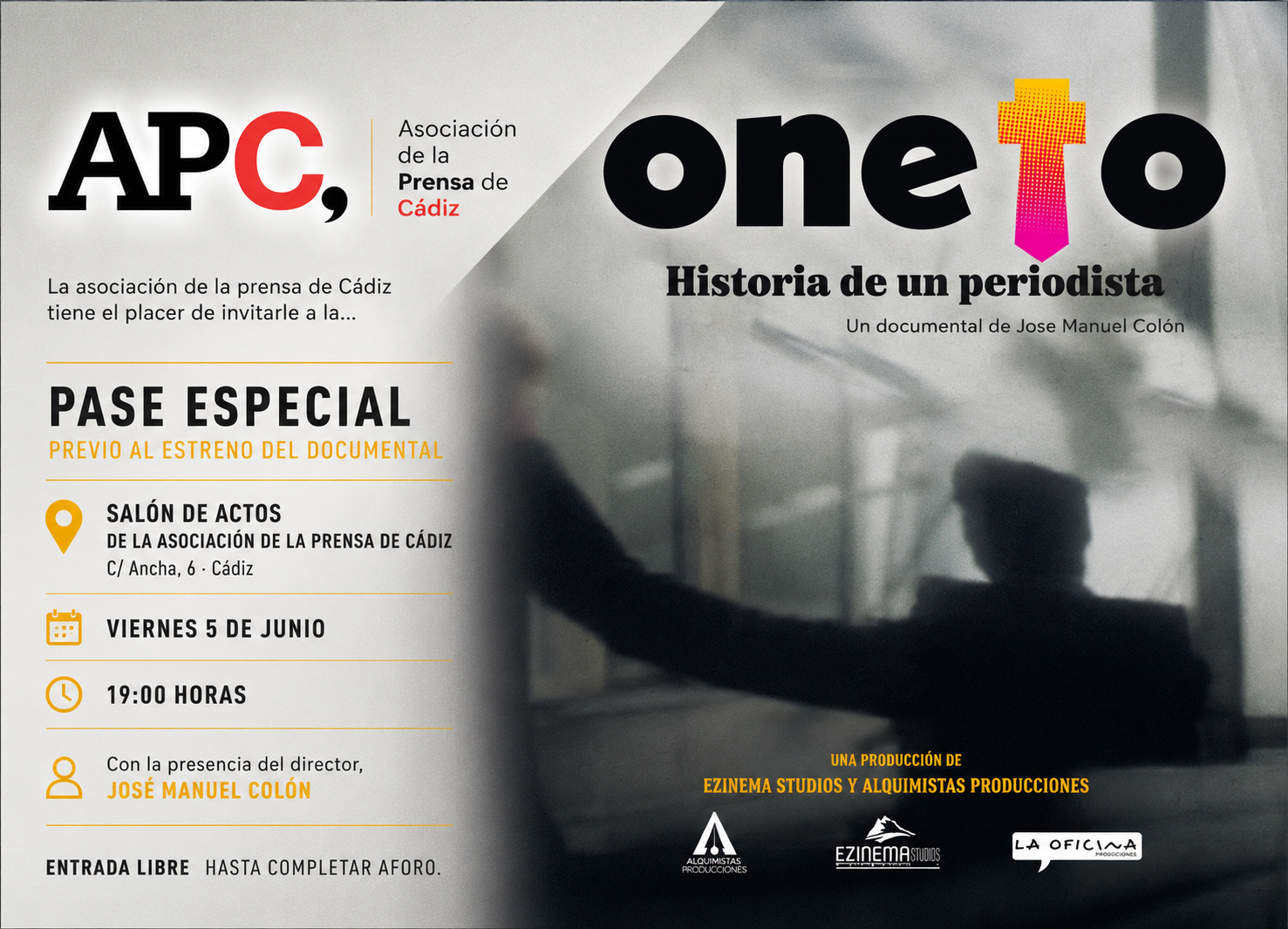 La Asociación de la Prensa de Cádiz acoge el pase especial del documental Oneto. Historia de un periodista