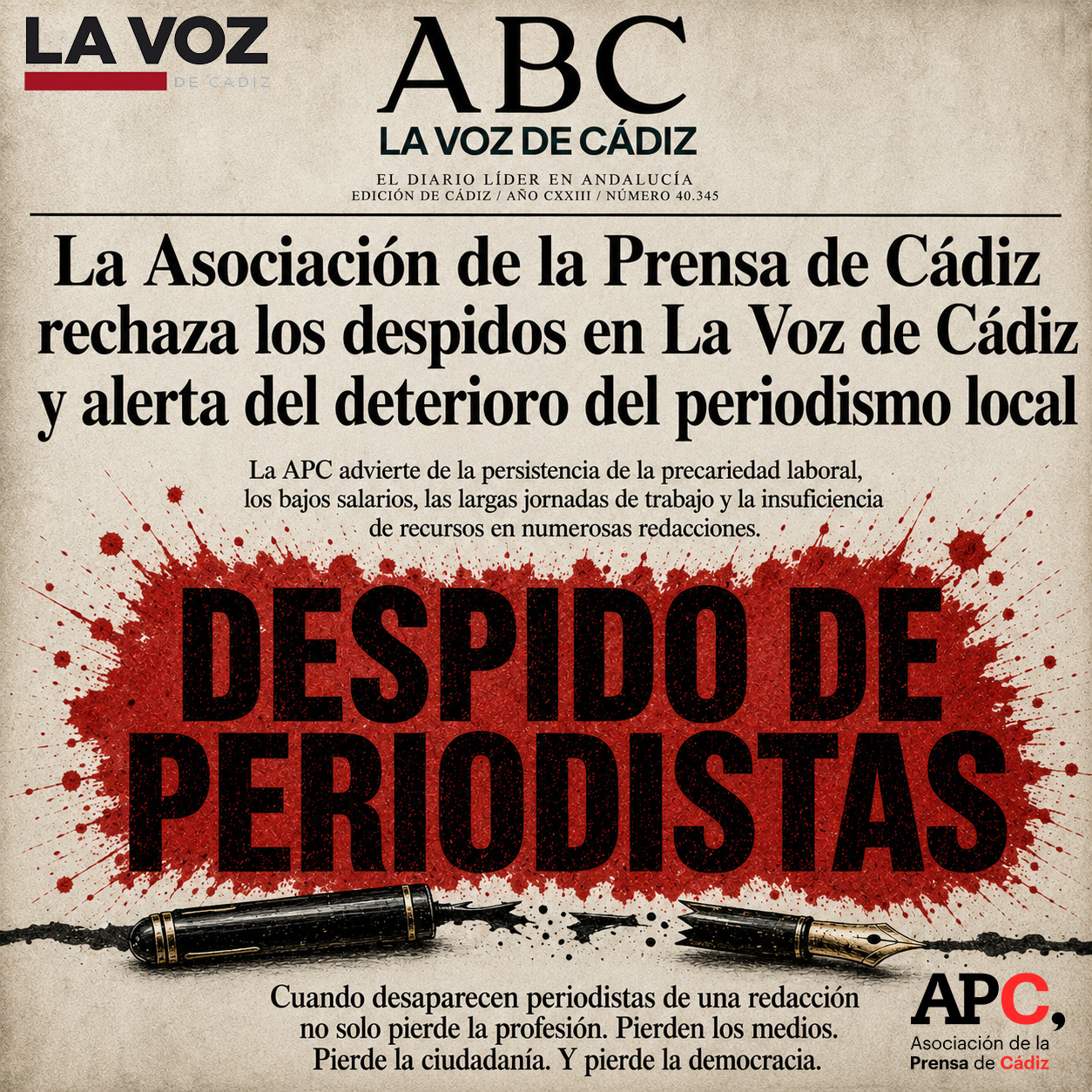 La Asociación de la Prensa de Cádiz rechaza los despidos en La Voz de Cádiz y alerta del deterioro del periodismo local