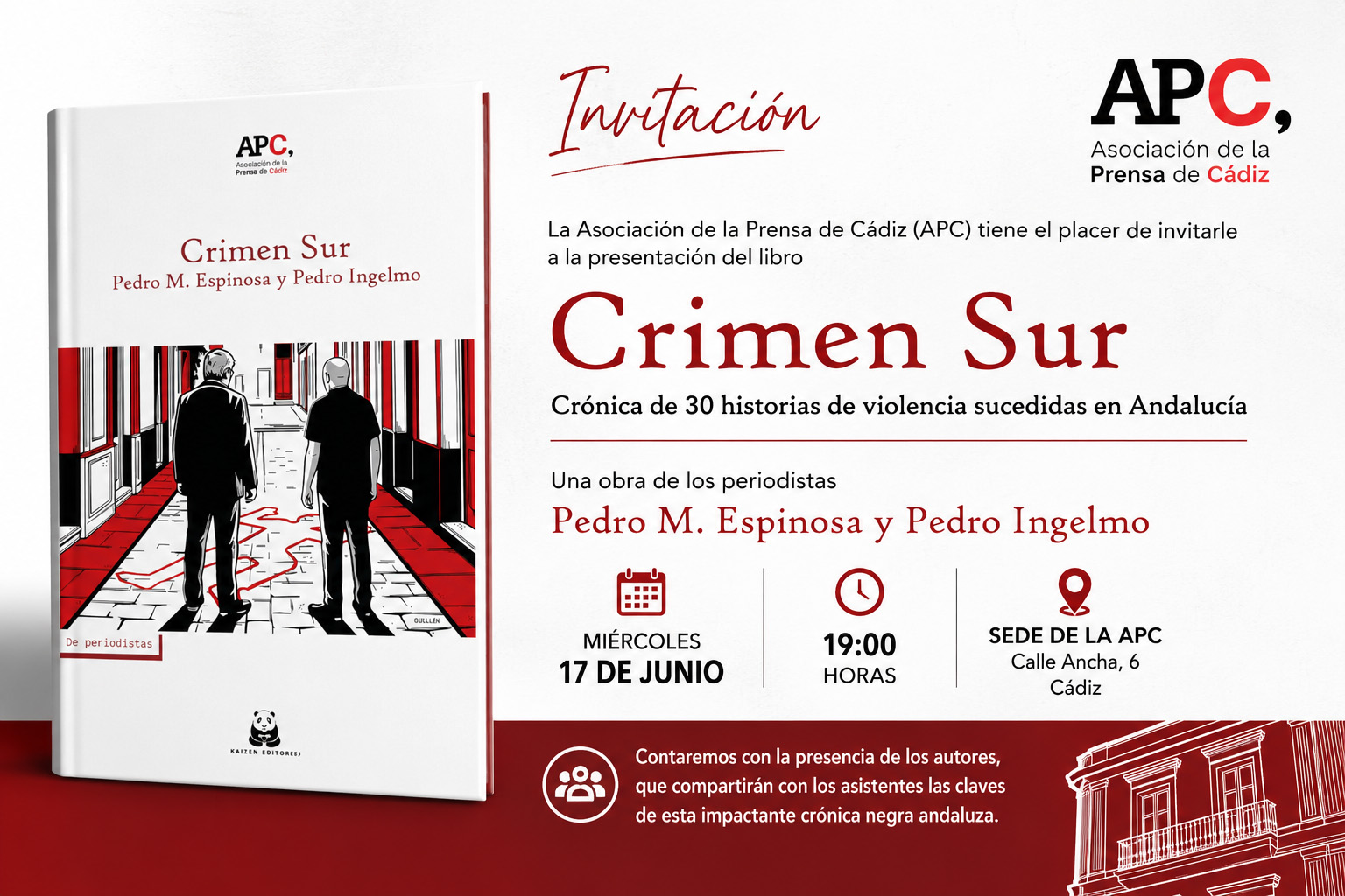 La Asociación de la Prensa de Cádiz presenta el tercer libro de su colección De Periodistas: «Crimen Sur», firmado por Pedro M. Espinosa y Pedro Ingelmo